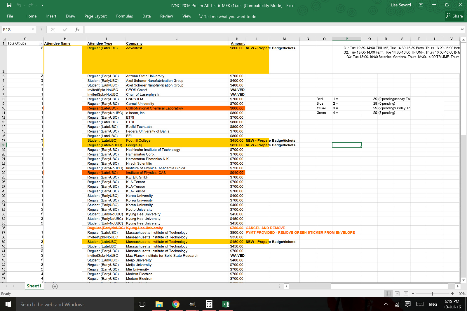 Screenshot of spreadsheets